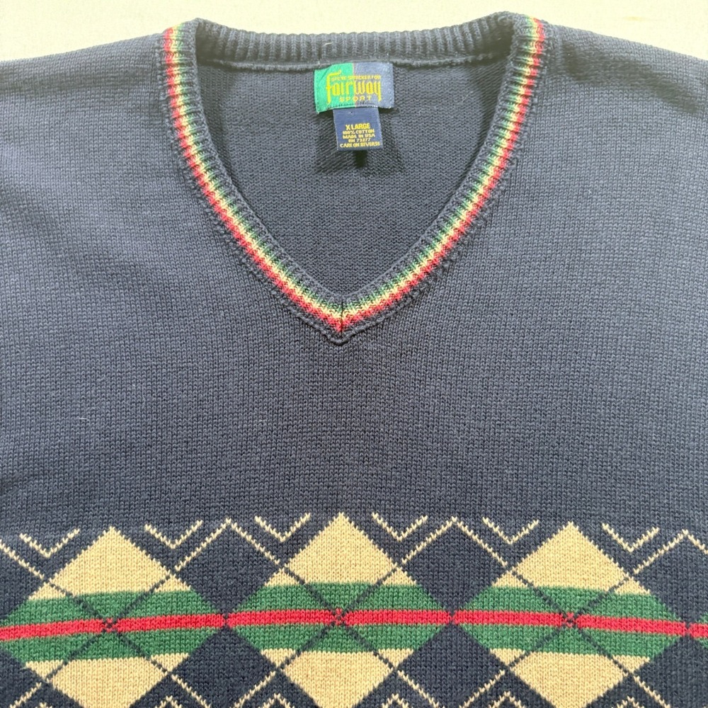 Fairway Sport Sweater Vest Mens XL Navy Argyle Cotton V-Neck Golf Made in USA